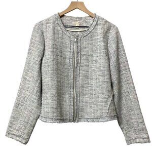 Maison Jules Blue Tweed Full Zip Fringe Blazer Jacket Size XL
